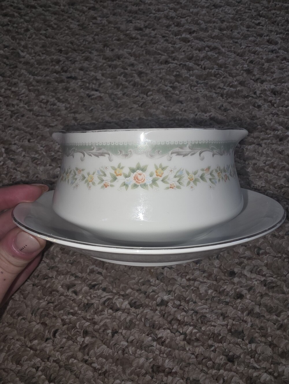 The Roseville Translucent Fine China Gravy Boat with Under Plate Vintage #4135